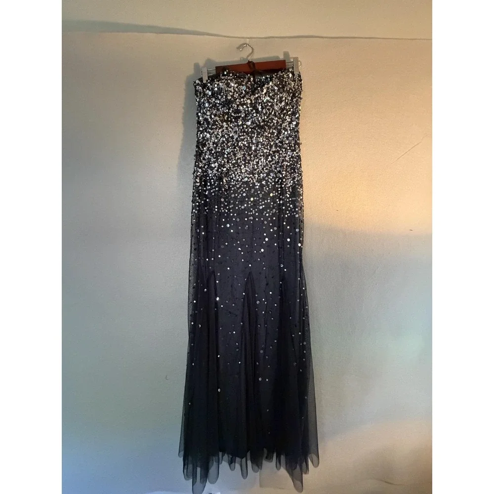 Adrianna Papell Dress Womens 8 Black Sequin Strapless Tulle Maxi Gown Formal